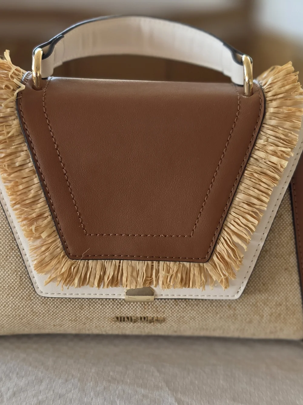 Nine West Brown and Beige Raffia-Trim Top Handle Bag